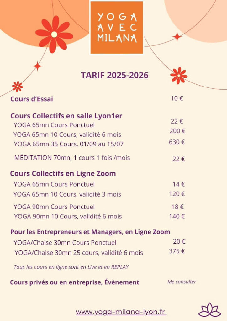 tarif yoga rentrée 2025-2026